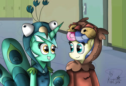 Size: 1680x1147 | Tagged: safe, artist:kindpony, bon bon, lyra heartstrings, sweetie drops, all's fair in love and friendship games, equestria girls, friendship games, bird costume, bon owl, clothes, costume, duo, equestria girls ponified, looking at each other, lyrabird, ponified, smiling