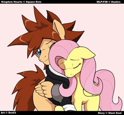 Size: 1664x1542 | Tagged: safe, artist:droll3, fluttershy, pegasus, pony, crossover, cuddling, eyes closed, kingdom hearts, kingdom hearts of harmony, one eye closed, shipping, sora, sorashy