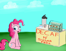 Size: 1280x994 | Tagged: safe, artist:itsthinking, pinkie pie, pony, coffee, derp, food, food stand, pinkie derp, sitting, solo, sugar free