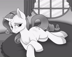 Size: 3361x2685 | Tagged: safe, artist:anadukune, rarity, pony, unicorn, bed, female, grayscale, lidded eyes, looking at you, mare, monochrome, sketch, solo, window