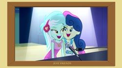 Size: 1280x719 | Tagged: safe, artist:doublewbrothers, bon bon, lyra heartstrings, sweetie drops, equestria girls, rainbow rocks, blatant lies, female, just friends, lesbian, looking at each other, lyrabon, not lesbian, piano, picture frame, shipping, telling lies