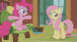 Size: 844x462 | Tagged: safe, screencap, fluttershy, pinkie pie, pegasus, pony, fluttershy leans in