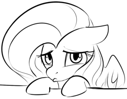 Size: 825x643 | Tagged: safe, anonymous artist, fluttershy, pegasus, pony, black and white, floppy ears, grayscale, monochrome, pouting, simple background, solo, white background