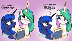 Size: 3000x1714 | Tagged: dead source, safe, artist:selenophile, edit, princess celestia, princess luna, alicorn, pony, blushing, book, cropped, dialogue, explicit source, magic, royal sisters, sisterly love, telekinesis