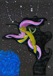 Size: 1024x1449 | Tagged: safe, artist:crystalightrocket, fluttershy, pegasus, pony, eyes closed, floating, solo, space, spread wings, stars, traditional art, watercolor painting, wings