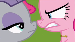 Size: 768x431 | Tagged: safe, screencap, maud pie, pinkie pie, earth pony, pony, rock solid friendship, angry, boop, discovery family logo, female, mare, maud being maud, nose wrinkle, noseboop