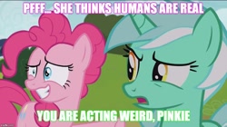 Size: 890x500 | Tagged: safe, edit, edited screencap, screencap, lyra heartstrings, pinkie pie, earth pony, pony, rock solid friendship, grin, humie, nervous, nervous grin, smiling