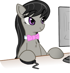 Size: 803x831 | Tagged: safe, artist:haetran, artist:reiduran, octavia melody, earth pony, pony, amused, bow, bowtie, chest fluff, computer, female, hoof hold, mare, mousepad, reaction image, simple background, smiling, solo, transparent background, vector