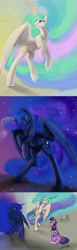 Size: 591x1920 | Tagged: source needed, safe, artist:silfoe, princess celestia, princess luna, twilight sparkle, twilight sparkle (alicorn), alicorn, pony, cute, ethereal mane, female, funny, majestic, mare, missing accessory, show off, starry mane, tongue out