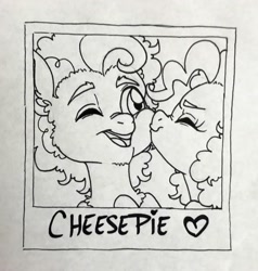 Size: 1658x1739 | Tagged: safe, artist:ameliacostanza, cheese sandwich, pinkie pie, earth pony, pony, cheesepie, female, kissing, male, mare, monochrome, one eye closed, photo, shipping, stallion, straight, traditional art