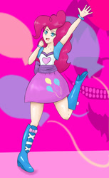 Size: 1100x1800 | Tagged: safe, artist:ragamuffinroez, pinkie pie, equestria girls, balloon, boots, bracelet, clothes, cute, cutie mark, diapinkes, high heel boots, human coloration, jewelry, looking at you, raised leg, skirt, solo