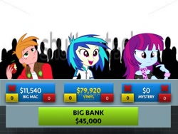 Size: 720x540 | Tagged: safe, big macintosh, dj pon-3, mystery mint, vinyl scratch, equestria girls, background human, game show, press your luck, violet mystery