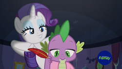 Size: 1920x1080 | Tagged: safe, screencap, rarity, spike, dragon, pony, unicorn, dragon dropped, :3, blanket, clothes, discovery family logo, duckface, duo, female, ignoring, lighting, male, mare, quill, robe, scratching, spike's room, winged spike, writing