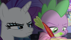 Size: 1920x1080 | Tagged: safe, screencap, rarity, spike, dragon, pony, unicorn, dragon dropped, angry, annoyed, blanket, clothes, discovery family logo, duo, female, frown, ignoring, jealous, lighting, mare, narrowed eyes, nose wrinkle, quill, robe, spike's room, winged spike, writing