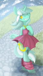 Size: 855x1501 | Tagged: safe, artist:divinisity, lyra heartstrings, pony, bipedal, clothes, dress, necklace, solo