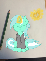 Size: 768x1024 | Tagged: safe, artist:coppercore, lyra heartstrings, fanfic:background pony, .svg available, clothes, eyes closed, hoodie, lyre, solo, svg, vector