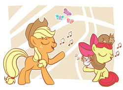 Size: 1372x1000 | Tagged: safe, artist:nawakicz, artist:ruushiicz, apple bloom, applejack, bird, butterfly, earth pony, pony, missing cutie mark, music notes, open mouth, raised hoof, singing, sisters