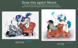 Size: 2750x1690 | Tagged: safe, artist:vegemiteguzzler, dj pon-3, octavia melody, vinyl scratch, earth pony, pony, draw this again, tickling