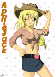 Size: 2000x2764 | Tagged: safe, artist:chibilory, applejack, human, belly button, belt, clothes, cowboy hat, denim skirt, front knot midriff, hat, humanized, midriff, skirt, solo, stetson, wink