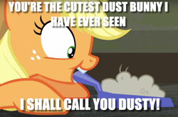 Size: 1168x772 | Tagged: safe, edit, edited screencap, screencap, applejack, earth pony, pony, the saddle row review, cute, dust, dustpan, image macro, meme, smiling