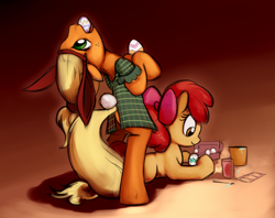 Size: 3317x2626 | Tagged: safe, artist:gsphere, apple bloom, applejack, earth pony, pony, bunny ears, easter, easter egg, egg, misleading thumbnail, not what it looks like, wat