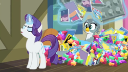 Size: 1600x900 | Tagged: safe, screencap, gabby, rarity, pony, unicorn, dragon dropped, aura, book, comic book, eyes closed, gem, levitation, magic, muffin tray, pile, snooty, telekinesis