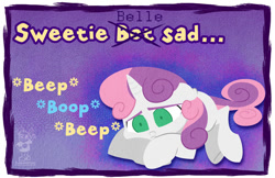 Size: 600x388 | Tagged: safe, artist:bunnimation, sweetie belle, sweetie bot, pony, robot, unicorn, friendship is witchcraft, female, filly, foal, hooves, horn, lying down, sad, solo, text