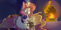 Size: 2000x1000 | Tagged: safe, artist:corrumi, princess celestia, princess luna, twilight sparkle, alicorn, pony, book, female, fire, fireplace, hug, magic, mare, momlestia, winghug