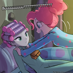Size: 750x750 | Tagged: safe, artist:lumineko, maud pie, pinkie pie, equestria girls, rock solid friendship, bed, bell, clothes, cowbell, equestria girls interpretation, female, footed sleeper, hair curlers, looking at each other, open mouth, pajamas, pie sisters, scene interpretation, siblings, sisters, smiling