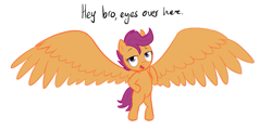 Size: 1071x510 | Tagged: safe, artist:shoutingisfun, scootaloo, pegasus, pony, alicorn wings, bipedal, hilarious in hindsight, impossibly large wings, large wings, simple background, solo, white background, wings