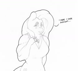 Size: 1280x1178 | Tagged: safe, artist:zacharyisaacs, fluttershy, anthro, pegasus, breasts, clothes, date night, dress, female, hootershy, jewelry, makeup, mare, monochrome, muscles, muscleshy, necklace, solo, tumblr comic