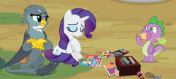 Size: 1214x551 | Tagged: safe, screencap, gabby, rarity, spike, dragon, pony, unicorn, dragon dropped, crossed arms, food, ice cream, winged spike