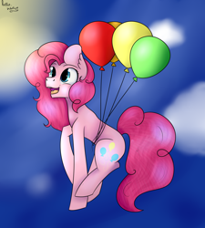 Size: 2806x3115 | Tagged: safe, artist:artistwolfy, pinkie pie, pony, balloon, floating, happy, high res, solo, then watch her balloons lift her up to the sky