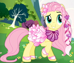 Size: 351x297 | Tagged: safe, fluttershy, pegasus, pony, braid, clothes, dress, female, flower, flower in hair, fynsy, mare, outdoors, solo