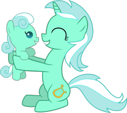 Size: 5873x5226 | Tagged: safe, artist:baka-neku, lyra heartstrings, oc, oc:sweet song, pegasus, pony, unicorn, absurd resolution, baby, baby pony, female, filly, foal, holding a pony, magical lesbian spawn, mother and child, mother and daughter, offspring, parent and child, parent:bon bon, parent:lyra heartstrings, parents:lyrabon