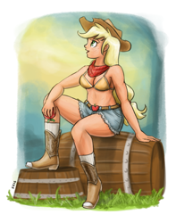 Size: 1011x1280 | Tagged: safe, artist:king-kakapo, applejack, human, apple, barrel, bikini top, boots, clothes, daisy dukes, food, humanized, multiple variants, scarf, shorts, socks, solo