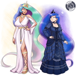 Size: 1925x1925 | Tagged: safe, artist:king-kakapo, artist:megasweet, princess celestia, princess luna, human, collaboration, belt, blue dress, breasts, choker, cleavage, clothes, colored, corset, crown, dress, duo, duo female, feet, female, frilly dress, height difference, human female, humanized, jewelry, light skin, lipstick, looking at each other, nail polish, princess balloona, princess breastia, regalia, sandals, simple background, toenail polish, toes, white dress