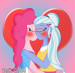 Size: 2512x2448 | Tagged: safe, artist:cyber-murph, pinkie pie, sugarcoat, equestria girls, blushing, clothes, commission, female, glasses, kissing, lesbian, pigtails, shipping, sugarpink