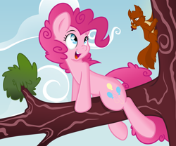 Size: 10000x8326 | Tagged: safe, artist:dfectivedvice, artist:kamyk962, color edit, edit, pinkie pie, earth pony, pony, squirrel, absurd resolution, cloud, colored, happy, open mouth, shading, sky, tree, tree branch, vector