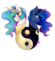 Size: 3800x4200 | Tagged: safe, artist:tetlow-senpai, princess celestia, princess luna, alicorn, pony, day, moon, night, original art, sun, yin-yang