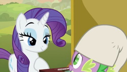 Size: 1600x900 | Tagged: safe, screencap, rarity, spike, dragon, pony, unicorn, dragon dropped, bedroom eyes, box, hat, nightcap, tired, winged spike