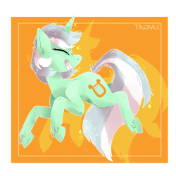 Size: 1000x1000 | Tagged: safe, artist:tallykale, lyra heartstrings, pony, unicorn, abstract background, eyes closed, galloping, grin, happy, smiling, solo, unshorn fetlocks