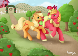 Size: 1500x1091 | Tagged: safe, artist:amenoo, apple bloom, applejack, big macintosh, earth pony, pony, male, stallion, sweet apple acres