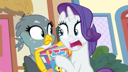 Size: 1600x900 | Tagged: safe, screencap, gabby, rarity, pony, unicorn, dragon dropped, comic book, confession, stare