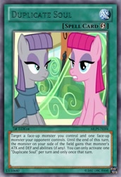 Size: 419x610 | Tagged: safe, maud pie, pinkie pie, pony, rock solid friendship, behaving like maud pie, duo, imitation, sitting, yu-gi-oh!, yugioh card maker