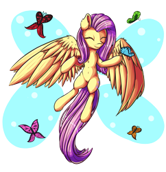 Size: 2215x2290 | Tagged: safe, artist:francusfri, fluttershy, butterfly, pegasus, pony, belly button, chest fluff, cute, eyes closed, flying, shyabetes, simple background, solo, transparent background