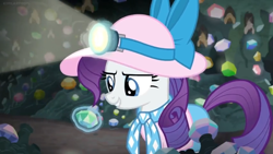 Size: 1600x900 | Tagged: safe, screencap, rarity, pony, unicorn, dragon dropped, bow, cave, female, gem, gem cave, hat, headlamp, lighting, magic, magic aura, mare, mine, solo, sun hat, telekinesis