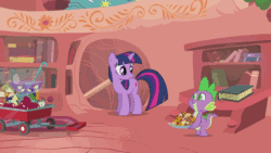 Size: 576x324 | Tagged: safe, derpibooru import, screencap, spike, twilight sparkle, unicorn twilight, dragon, pony, unicorn, owl's well that ends well, animated, apple, book, bookshelf, cookie, deaf, desk, door, duo, female, giggling, golden oaks library, ladder, male, mare, praise, punch (drink), punch bowl, realization, sassy, scroll, smiling, smirk, spikelove, stairs, telescope, that's spike, wagon