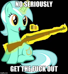 Size: 500x542 | Tagged: safe, artist:totallynotabronyfim, edit, lyra heartstrings, gtfo, gun, image macro, impact font, m1 garand, magic, meme, ponies with guns, reaction image, rifle, solo, vulgar, weapon