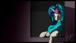 Size: 1920x1080 | Tagged: safe, artist:dragmodnotloc, dj pon-3, vinyl scratch, pony, unicorn, clothes, hoodie, solo